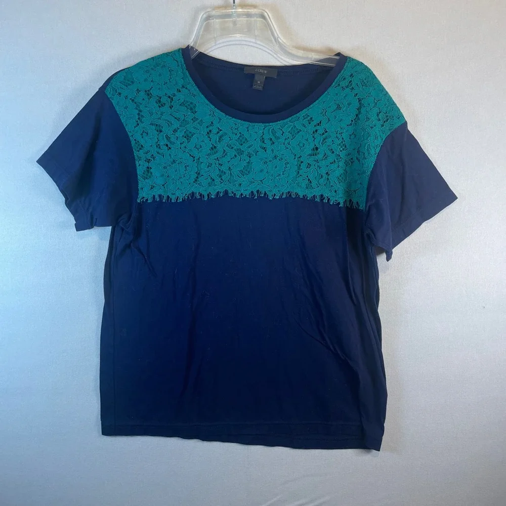 J. Crew Womens Navy Blue Teal Green Lace Overlay‎ Short Sleeve Top Size M
